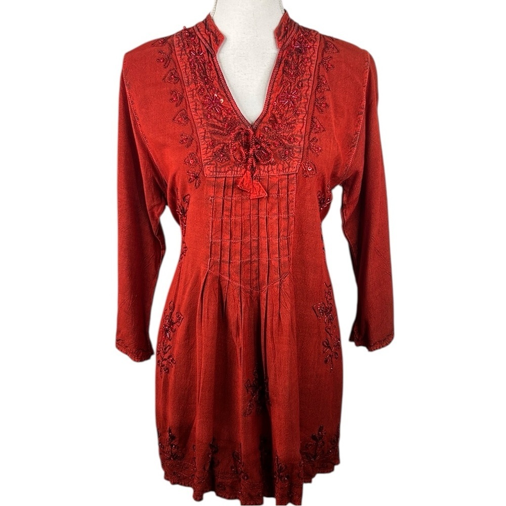 Boho Red Festival Sequin Floral Embroidered Flowy Back‎ Tie Tunic Dress Size M